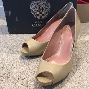 Vince Camuto Patent Leather Nude Peep Toe Heels